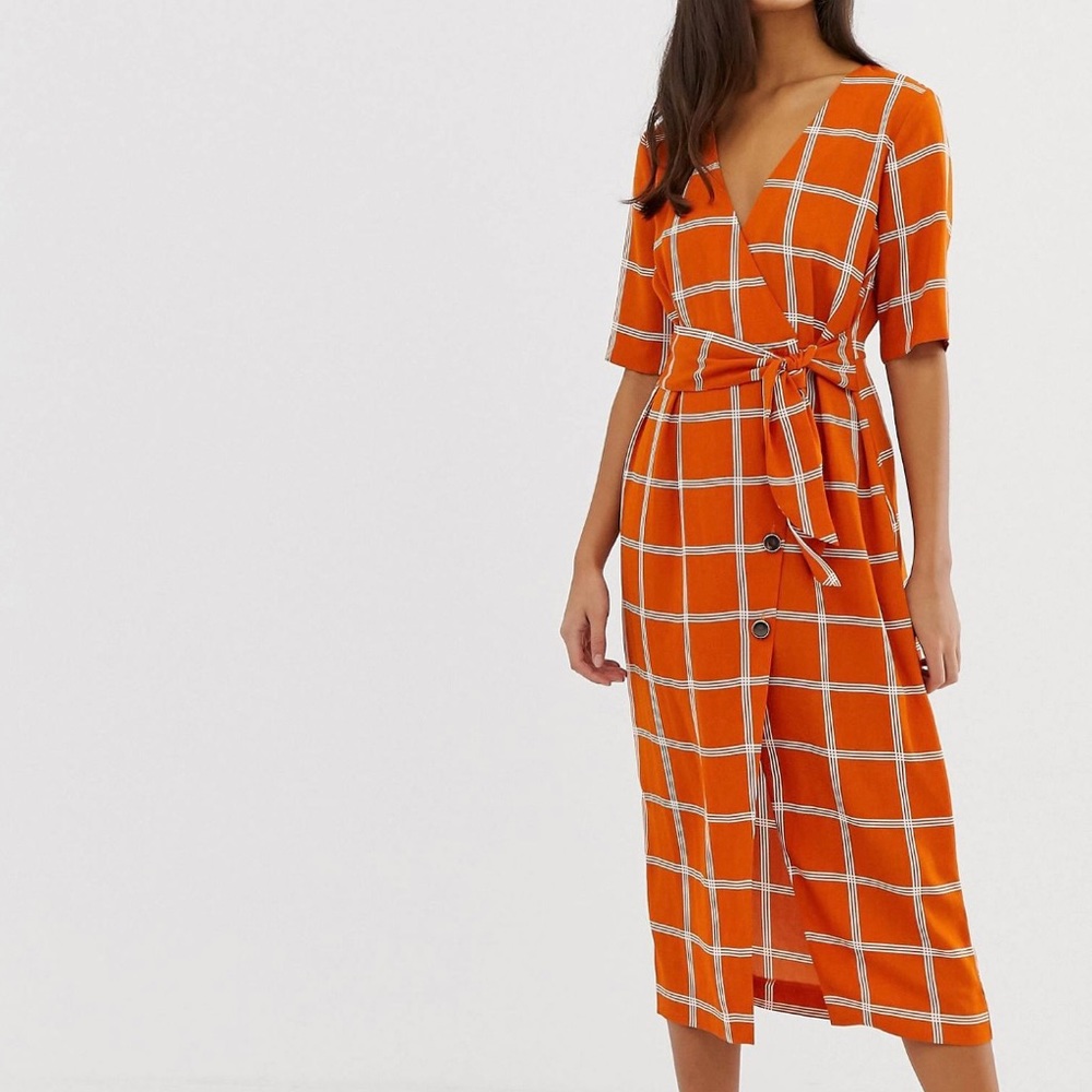 Miss Selfridge midi wrap dress in Rust